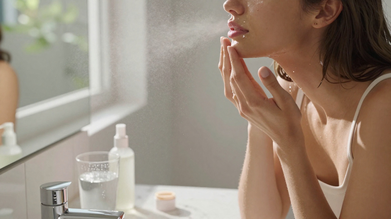 Mulher a aplicar spray facial na pele junto a espelho numa casa de banho com luz natural.