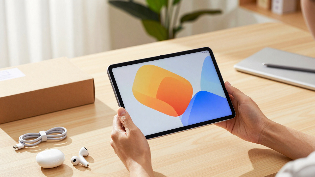 Pessoa a segurar tablet com ecrã colorido numa mesa de madeira clara com auscultadores, cabo e computador portátil.
