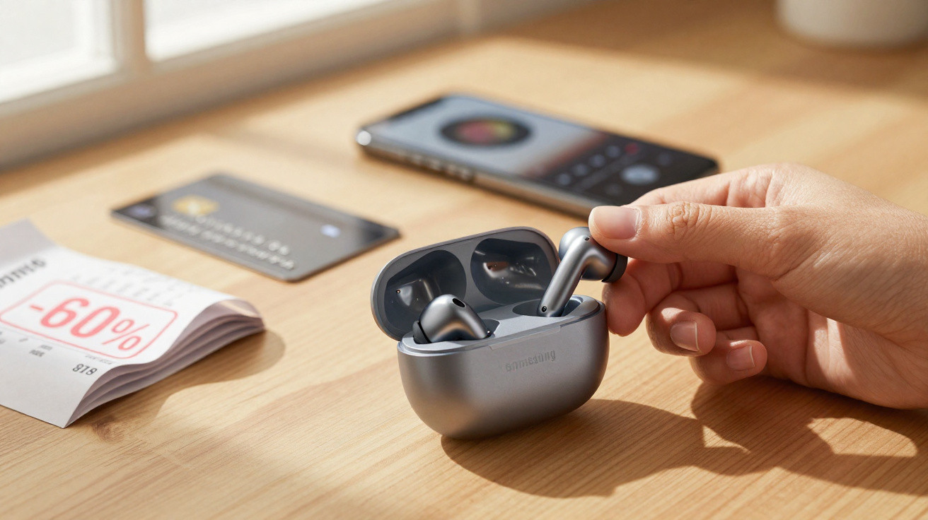 Mão a pegar earphone sem fios cinza numa caixa aberta sobre mesa com smartphone, cartão e desconto.