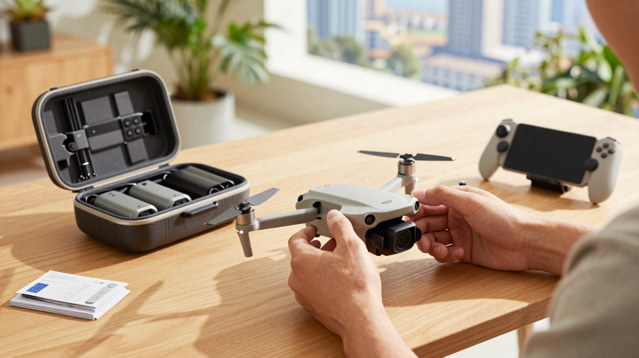 Pessoa a ajustar um drone cinzento numa mesa de madeira com comando e bateria ao lado.