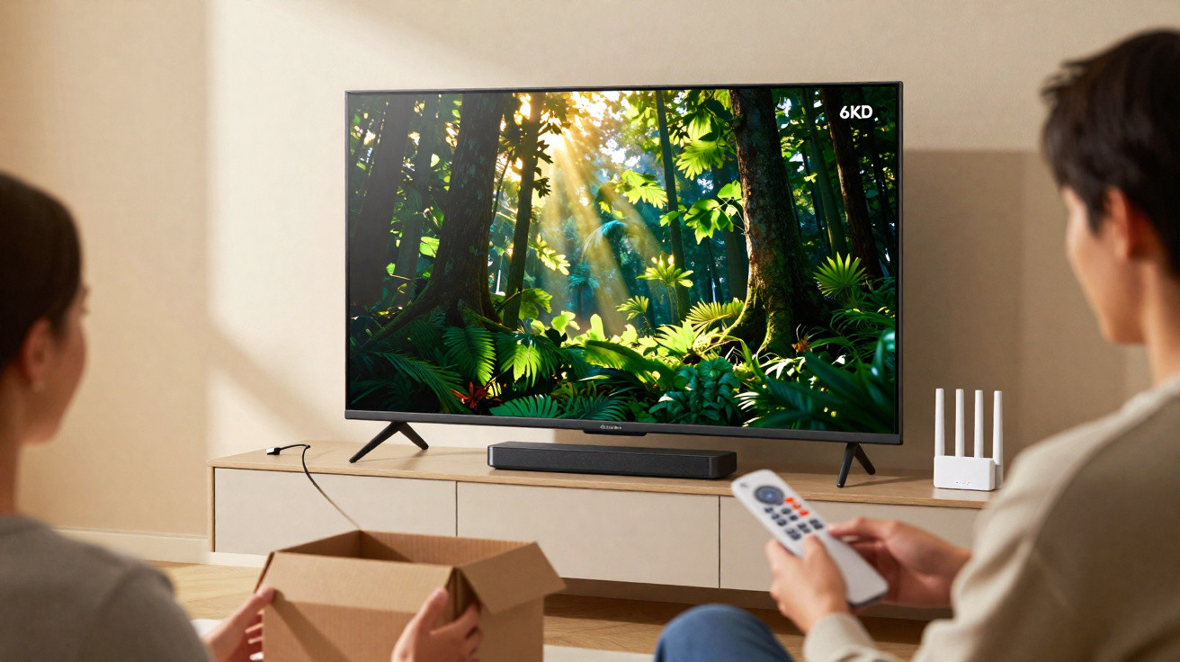 Duas pessoas sentadas a ver uma televisão com imagem de floresta iluminada pelo sol.