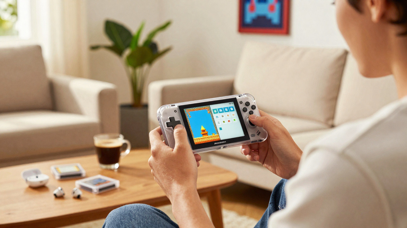 Pessoa a jogar videojogo num dispositivo portátil transparente numa sala de estar com sofá e mesa de café.