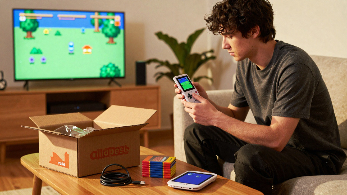 Jovem sentado no sofá a jogar com consola portátil, televisor mostra jogo, caixa e acessórios na mesa.
