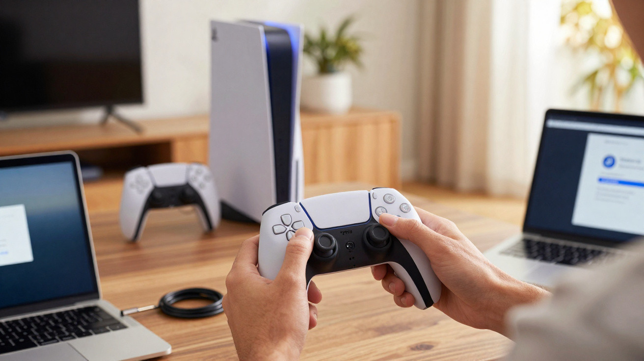 Pessoa a segurar um comando de consola PlayStation 5 com uma consola e dois computadores portáteis numa mesa.