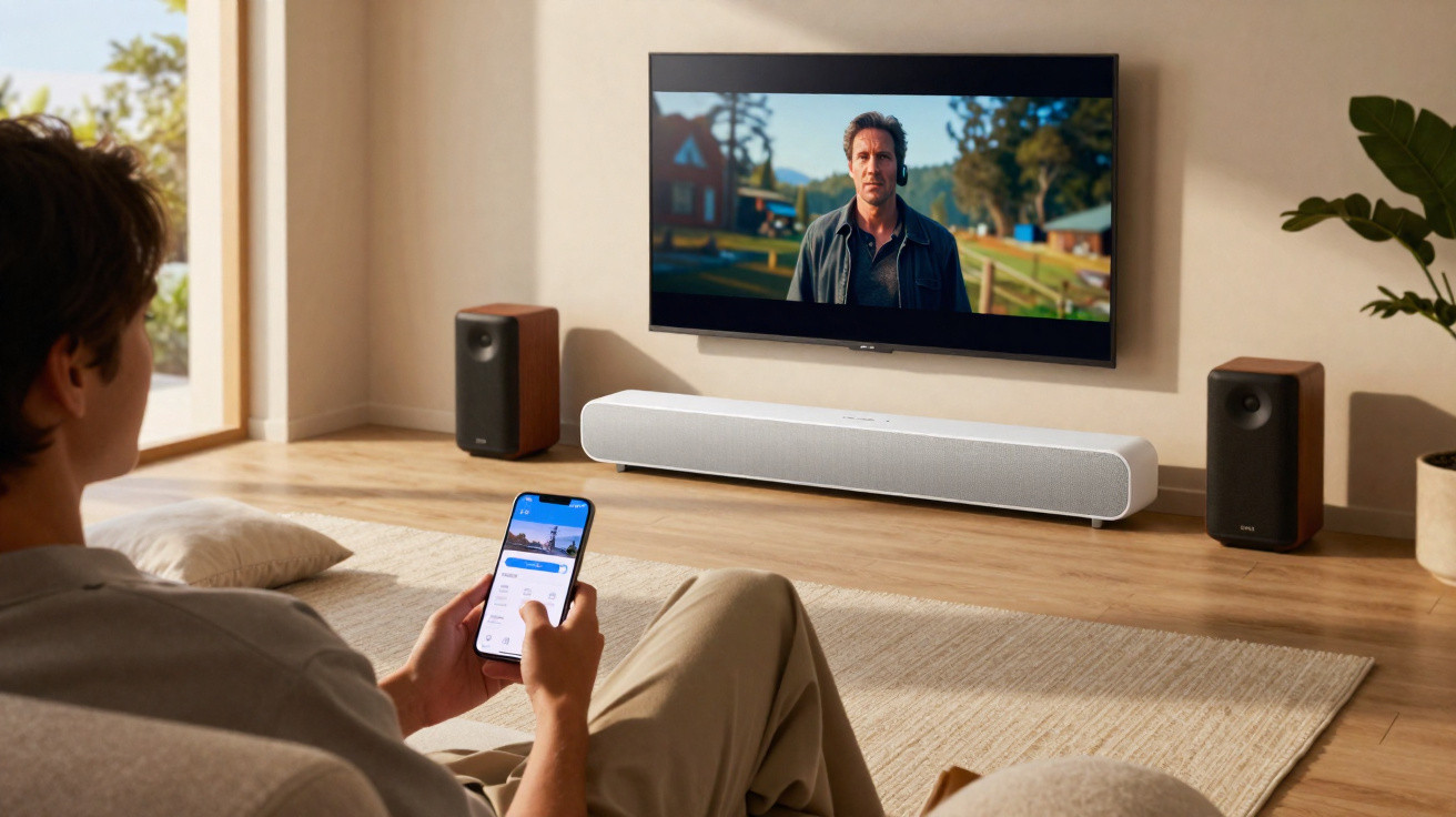 Pessoa sentada no sofá a controlar uma soundbar com o telemóvel enquanto vê televisão numa sala moderna.