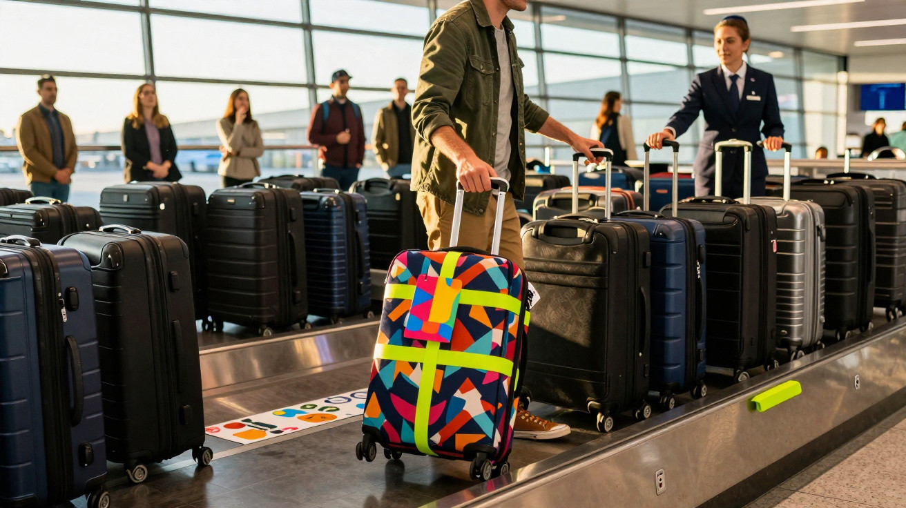 Homem com mala colorida no tapete transportador de bagagens num aeroporto com várias malas pretas.