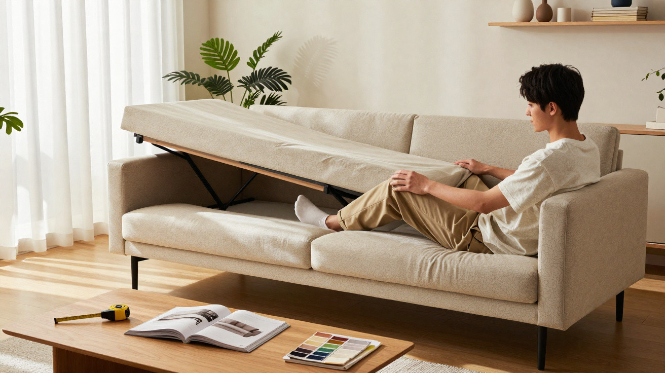 Pessoa sentada num sofá bege com armazenamento, sala iluminada com plantas e mesa de madeira à frente.