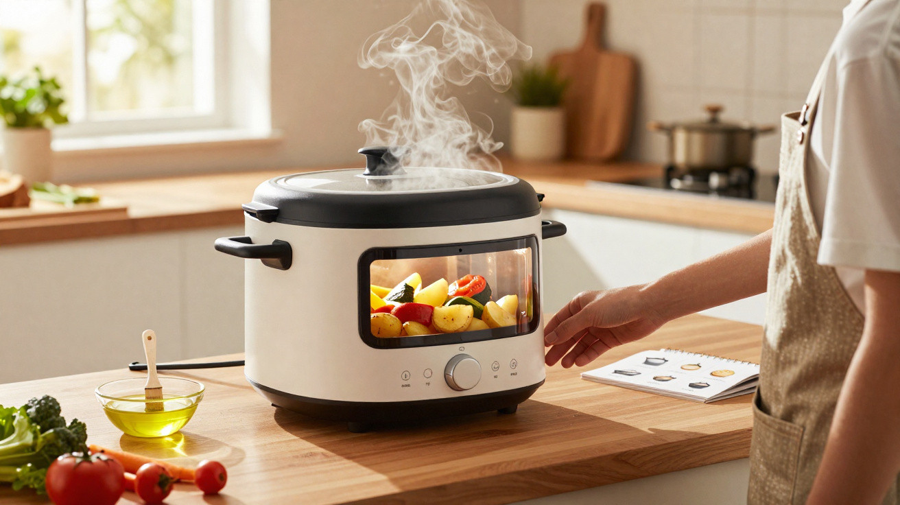 Panela elétrica a cozinhar legumes com vapor visível numa cozinha moderna.