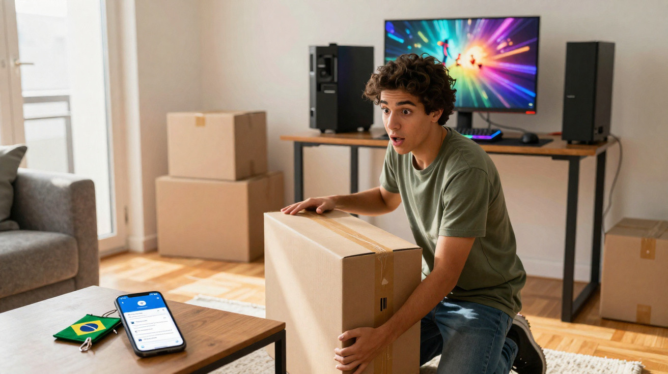 Homem jovem ajoelhado com uma caixa de cartão numa sala com computador e várias caixas ao fundo.