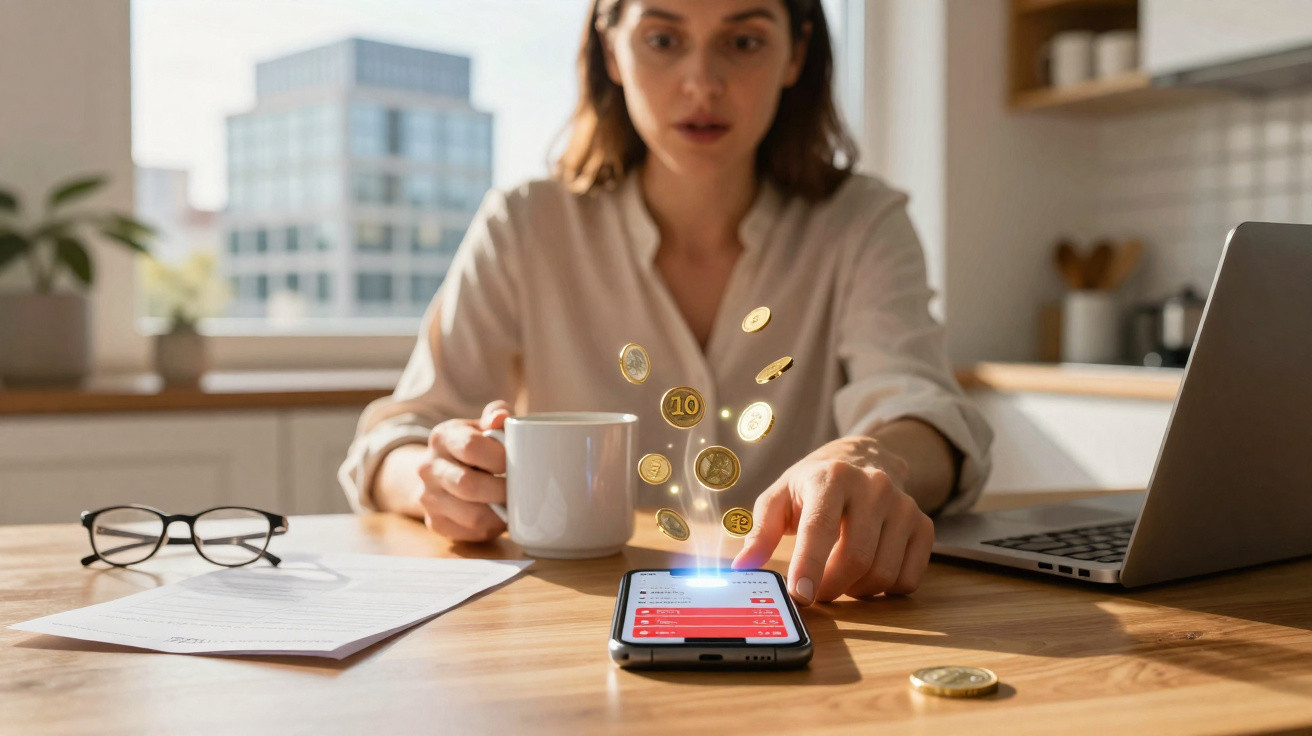 Mulher surpreendida a usar smartphone com moedas digitais a flutuar, numa mesa com laptop e documentos.