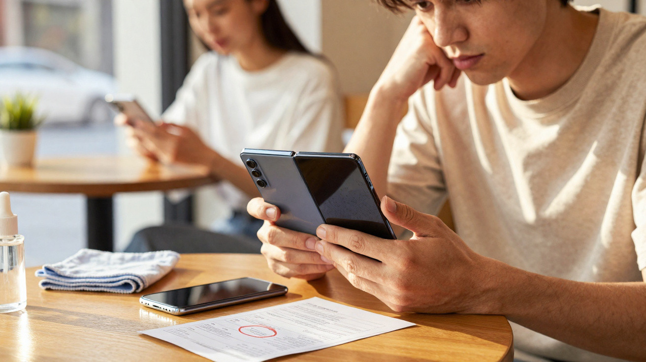 Pessoa a olhar para um smartphone dobrável numa mesa, com outra pessoa ao fundo a usar um telemóvel.