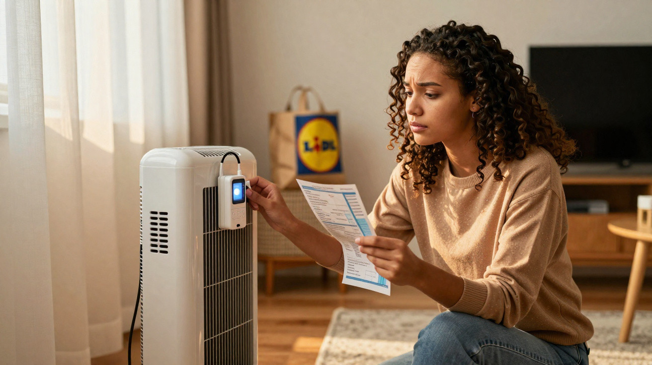 Mulher preocupada a ajustar aquecedor elétrico enquanto lê uma fatura em casa com saco do Lidl ao fundo.