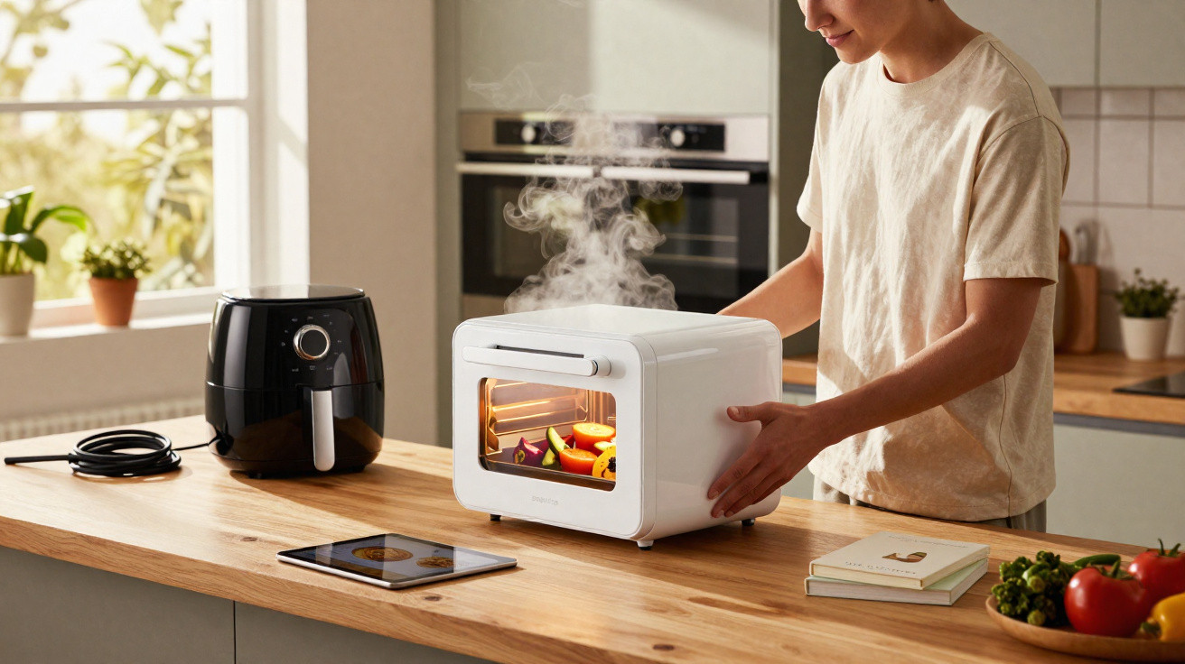 Pessoa a retirar legumes assados fumegantes de um forno de bancada branco numa cozinha moderna.