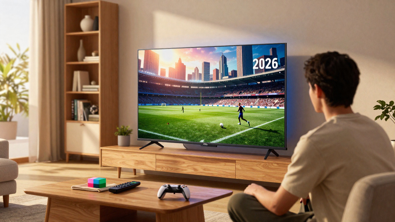 Homem sentado na sala a ver jogo de futebol nume televisão moderna com comando e consola na mesa de centro.