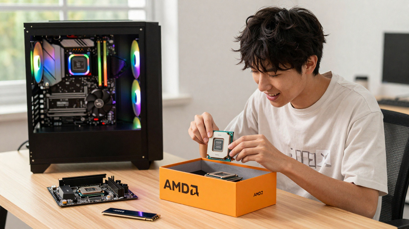 Jovem monta computador com processador AMD numa caixa laranja, com gabinete RGB aberto ao lado.