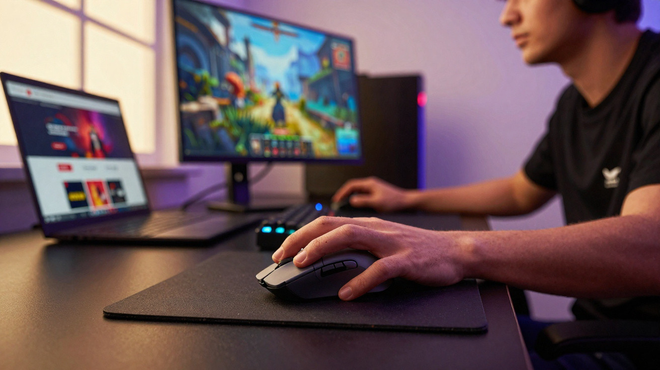 Pessoa a jogar videojogo no computador, com rato na mão e fones de ouvido, mesa com dois ecrãs.
