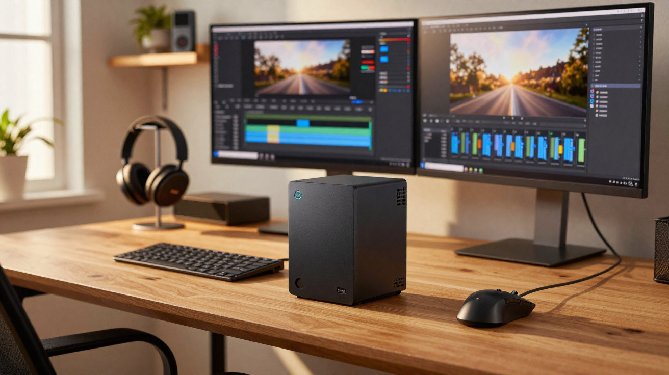 Mesa de trabalho com dois ecrãs de computador a editar vídeo, teclado, rato, auscultadores e hardware preto.