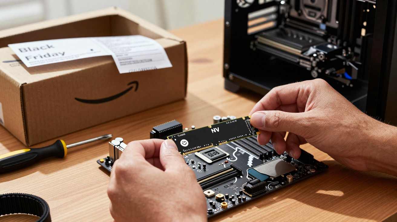 Mãos a instalar memória RAM numa motherboard, caixa da Amazon com etiqueta Black Friday ao lado.