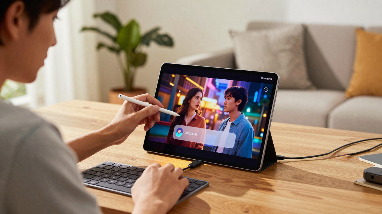 Pessoa a usar caneta digital num tablet com teclado, a olhar para uma cena de vídeo com dois atores.