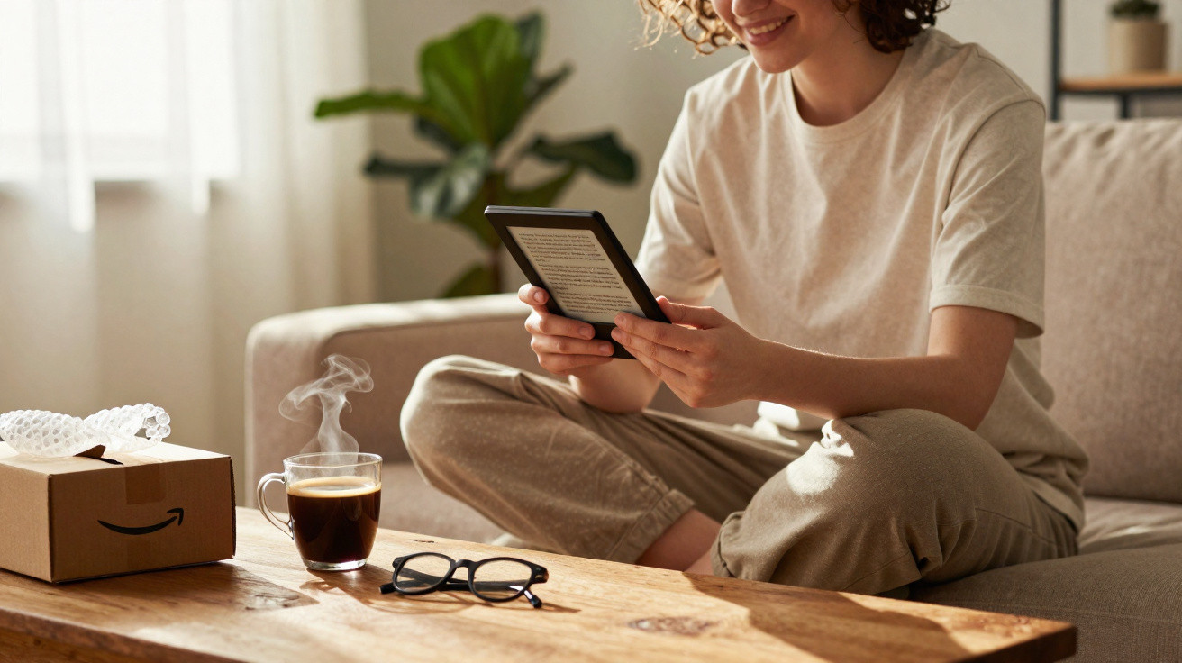 Pessoa sentada no sofá a ler num leitor digital, com café quente, óculos e caixa em madeira à frente.