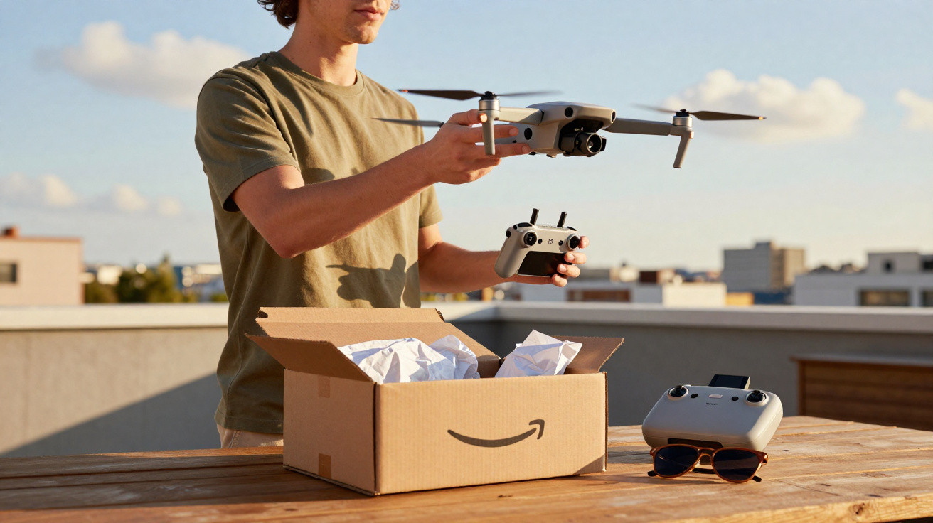 Pessoa a segurar um drone e comando, com uma caixa da Amazon aberta numa mesa ao ar livre.