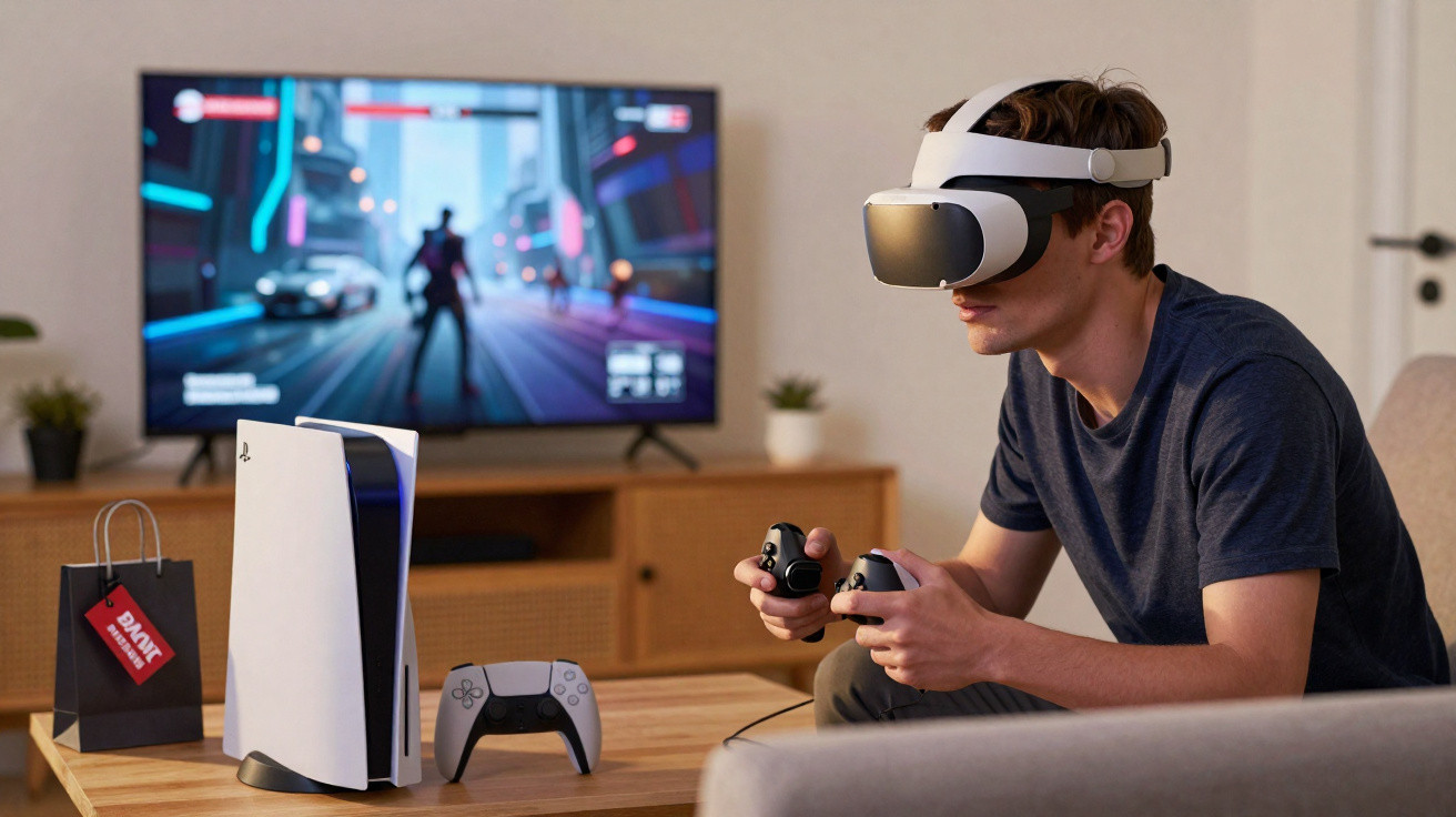Jovem com óculos de realidade virtual e comandos a jogar videojogo numa sala com consola e televisão ligada.