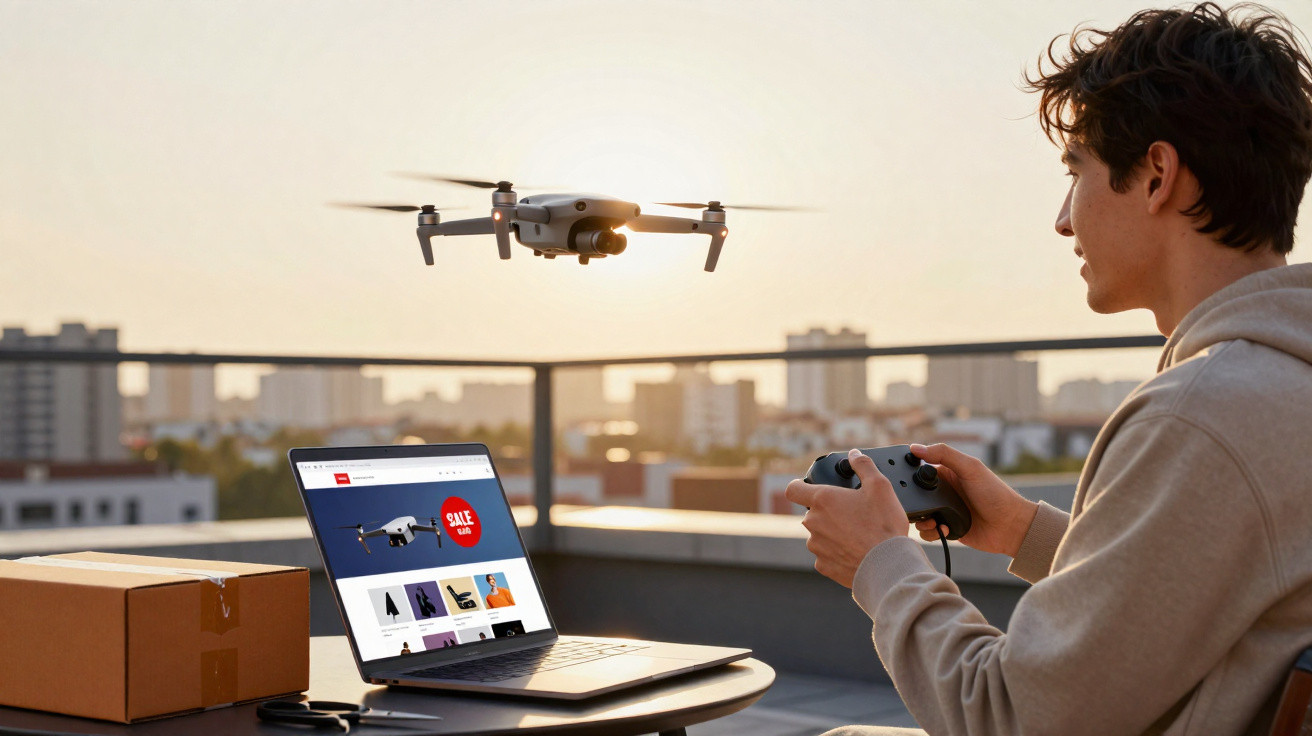 Jovem controla drone com comando na varanda ao pôr do sol, com portátil e caixa numa mesa redonda.