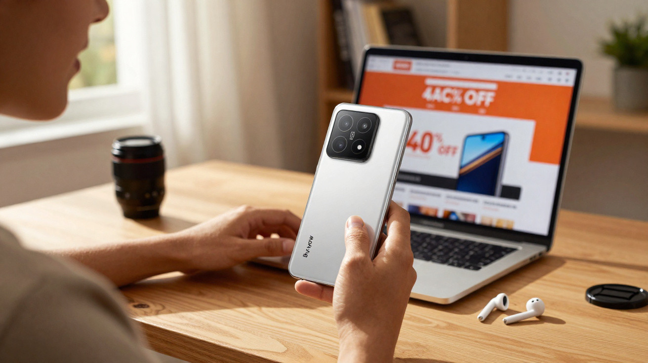 Pessoa a segurar um smartphone Redmi com desconto de 40% visível no ecrã do computador portátil.