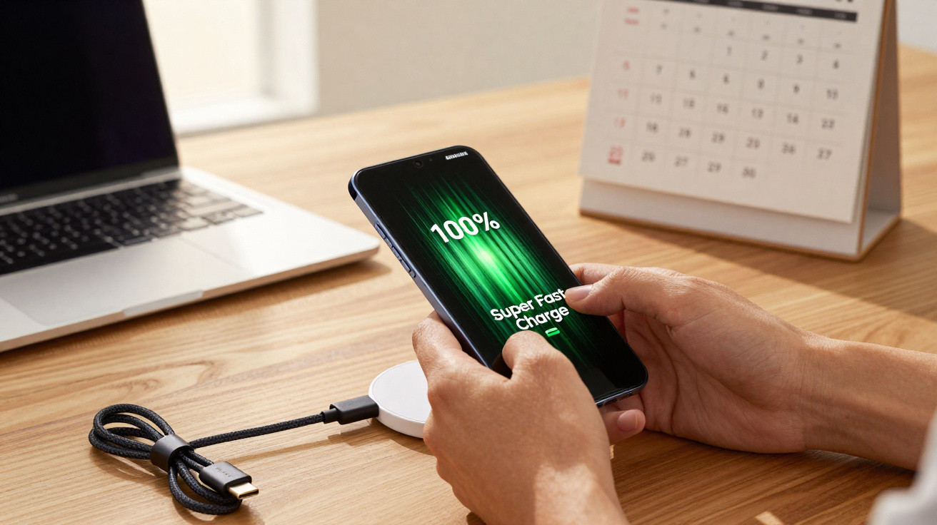 Pessoa a segurar telemóvel a carregar com carregador rápido sem fios sobre secretária com portátil e calendário.