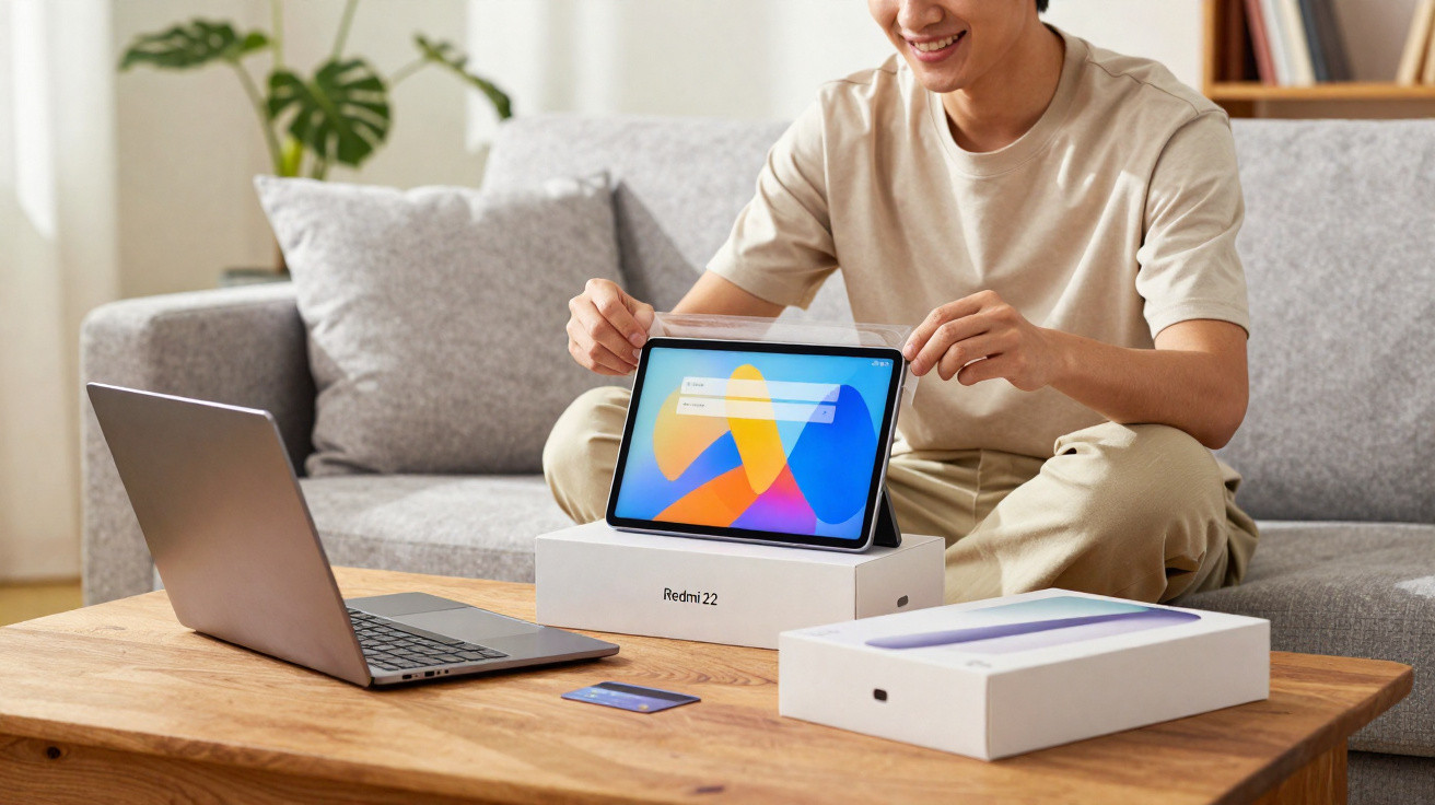 Pessoa desembrulha tablet Redmi 22 num sofá, com portátil e cartões numa mesa de madeira.