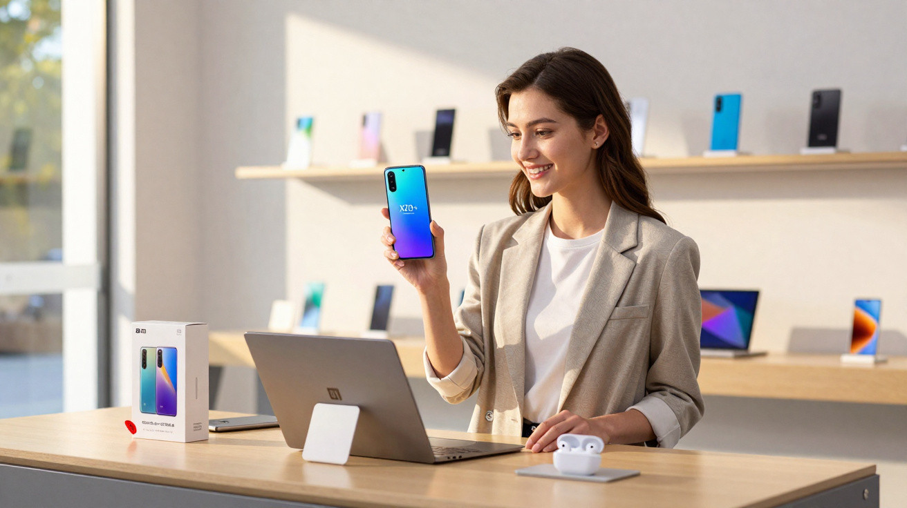Mulher sorridente mostra um smartphone azul num ambiente moderno com vários dispositivos eletrónicos.