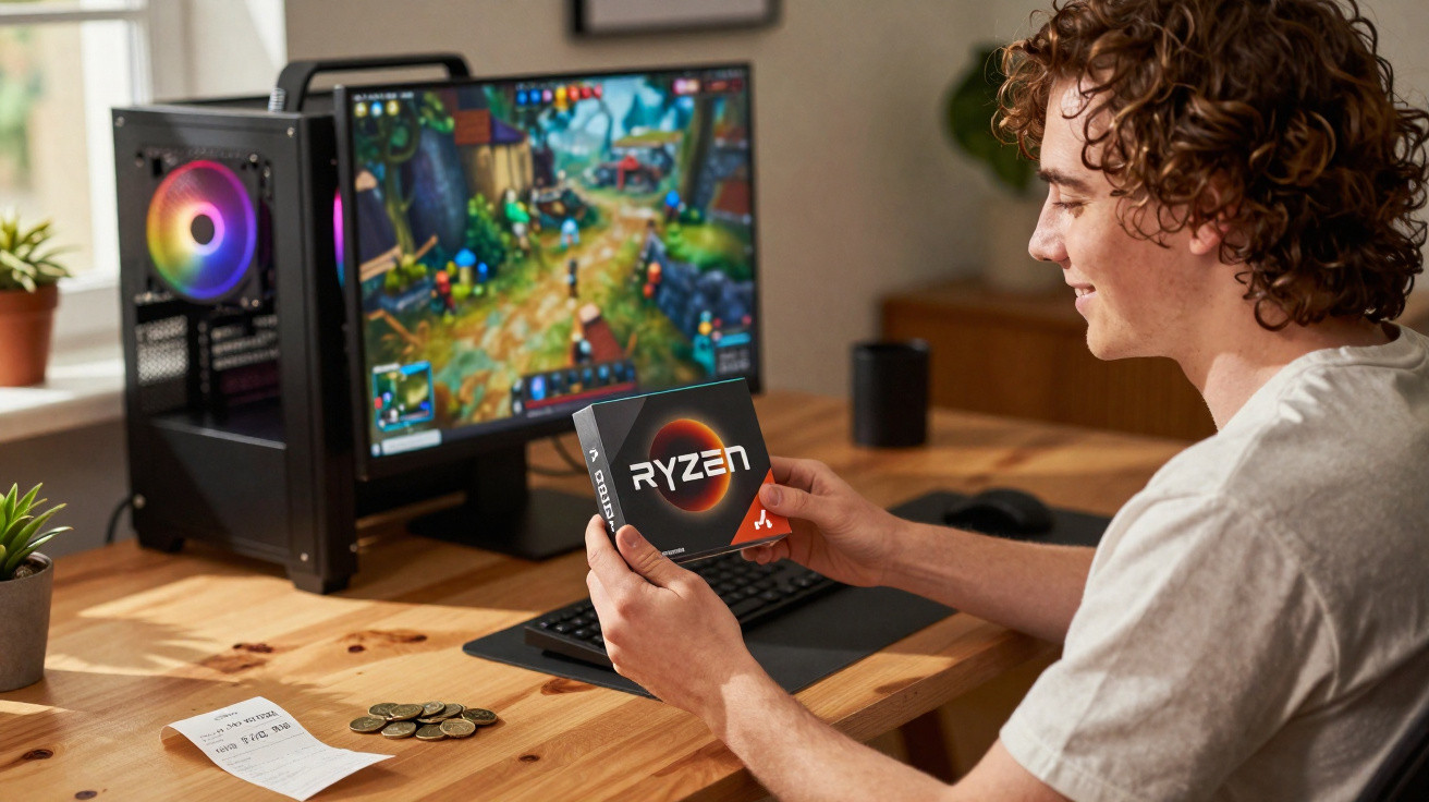Pessoa sentada a jogar no computador enquanto segura uma caixa de processador AMD Ryzen.