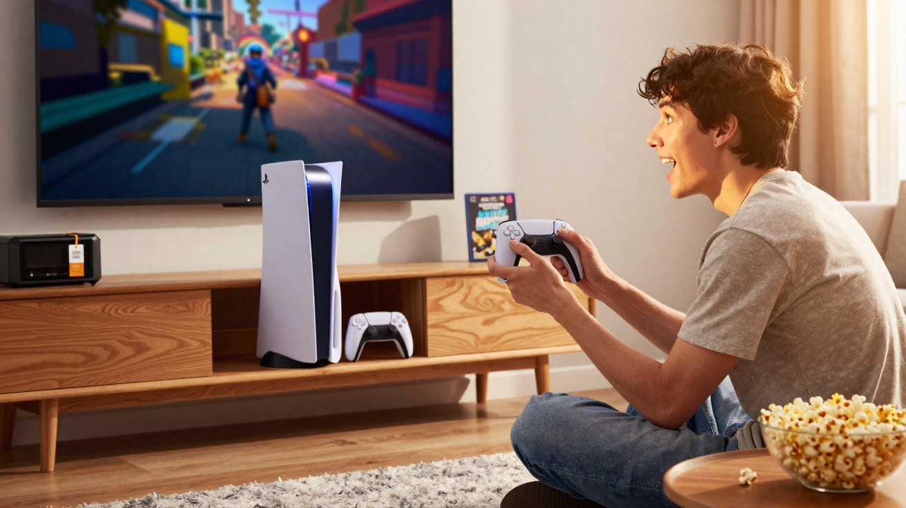 Jovem sentado no chão a jogar videojogos numa consola PlayStation 5 com televisão e pipocas ao lado.