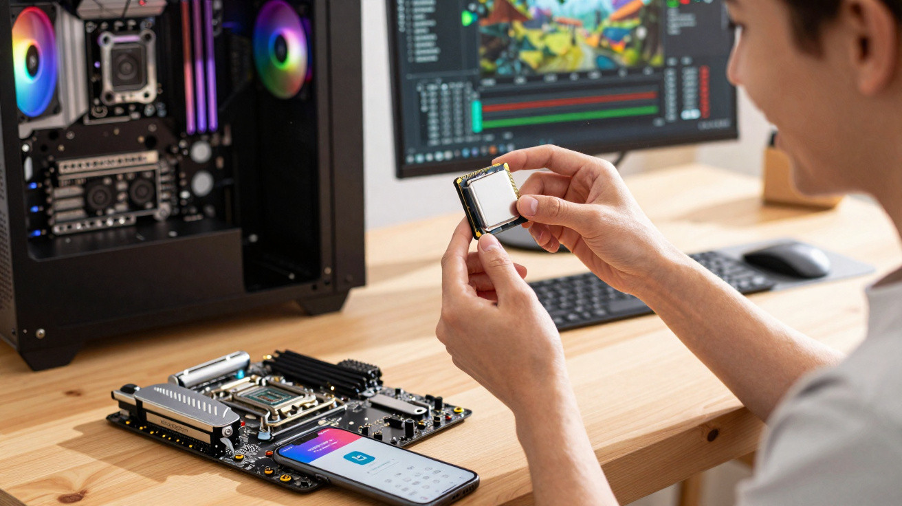 Pessoa a segurar um processador de computador junto a uma motherboard, com PC aberto e ambiente de trabalho ao fundo.