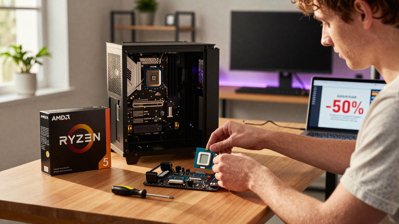 Pessoa a montar computador, segurando processador AMD Ryzen junto a motherboard e caixa aberta do PC.