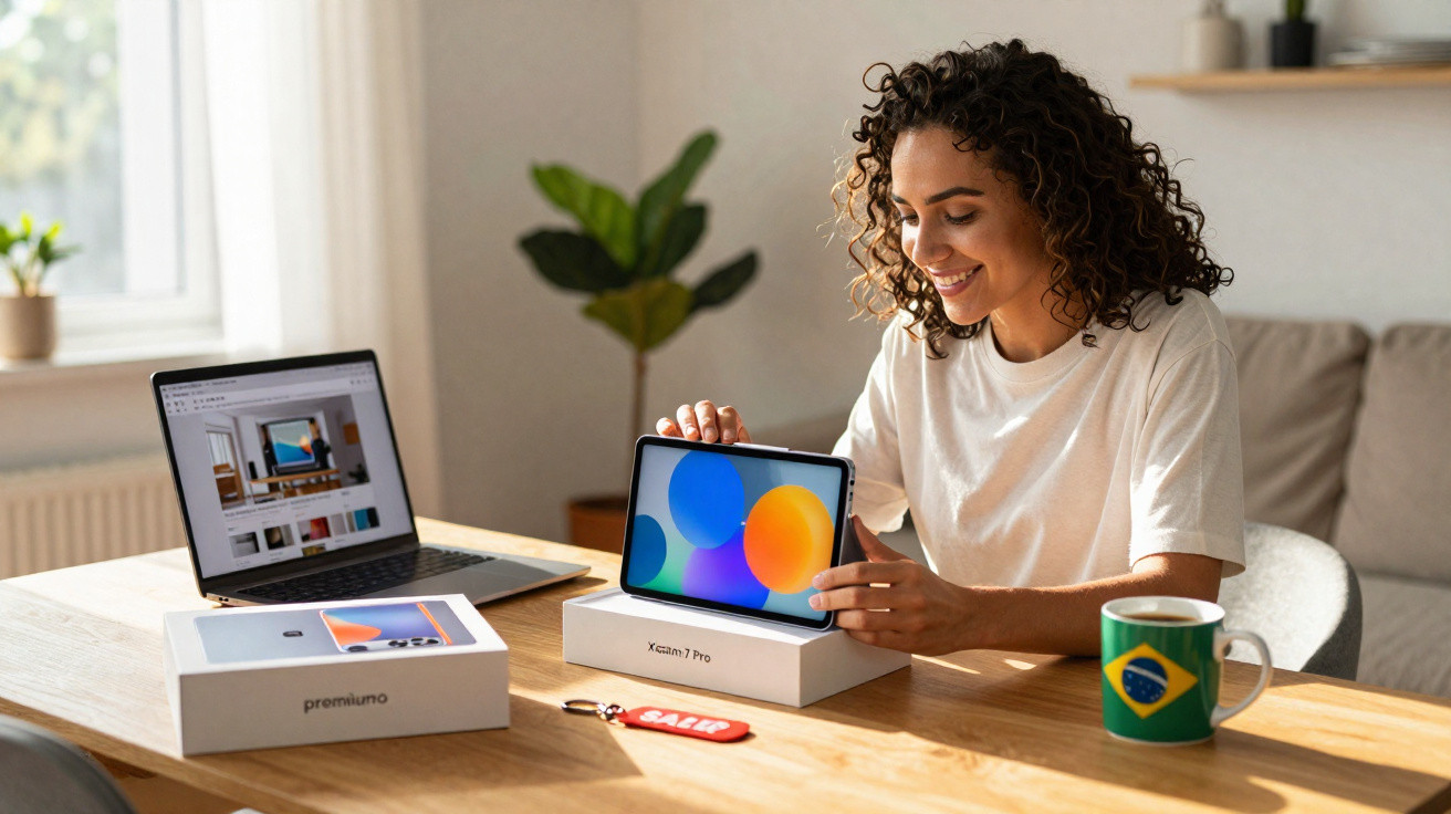 Mulher sorridente a desembrulhar um tablet Xcam 7 Pro numa mesa com portátil e caneca com bandeira do Brasil.