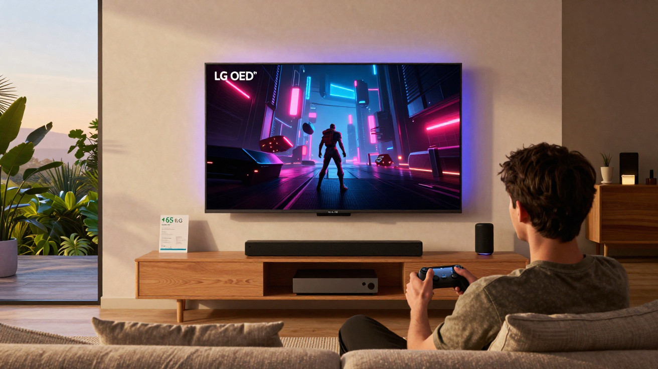 Homem sentado no sofá a jogar videojogo numa televisão LG OLED numa sala moderna com varanda e plantas.