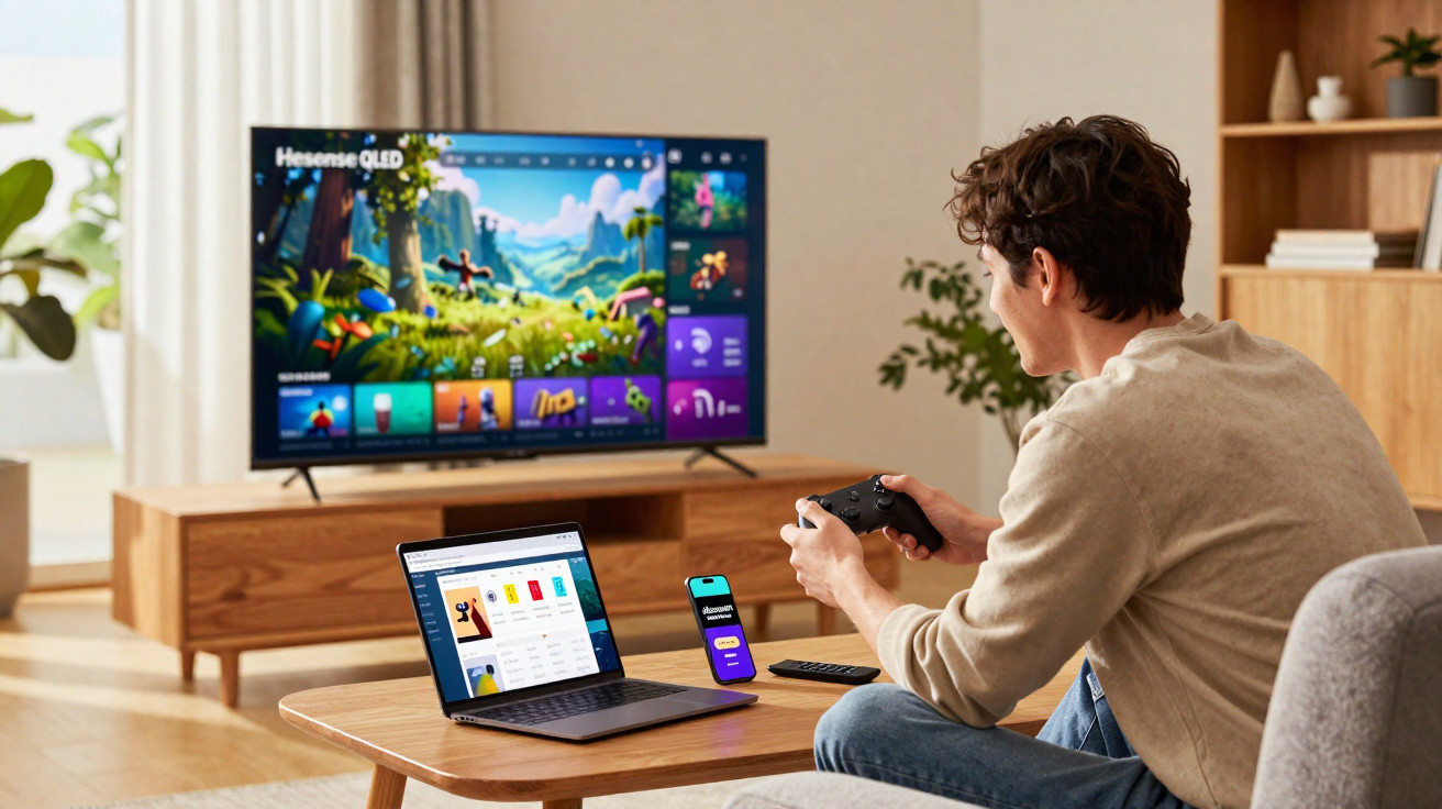 Homem sentado no sofá a jogar videojogos na TV, com portátil e smartphone numa mesa à frente.