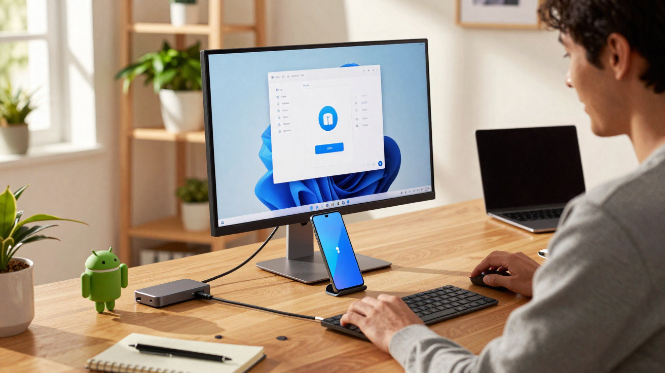 Pessoa a usar computador com ecrã grande e smartphone num suporte numa mesa de madeira.