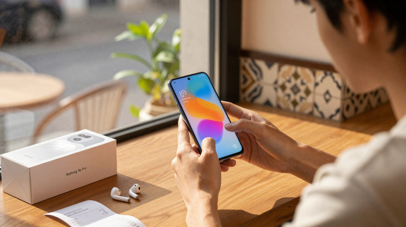 Pessoa a usar smartphone junto a caixa do telemóvel e auscultadores sobre mesa de madeira junto a janela.