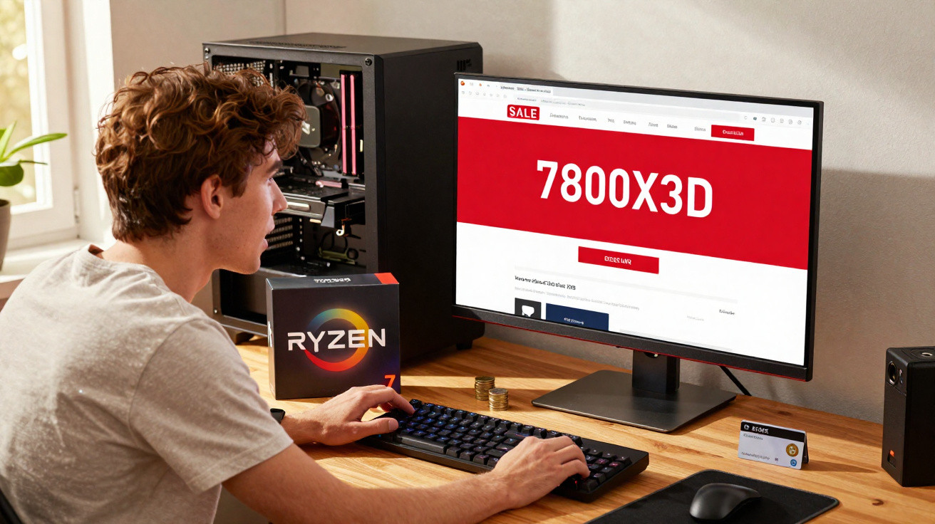 Jovem no computador com caixa Ryzen 7 ao lado e ecrã a mostrar processador 7800X3D em promoção.