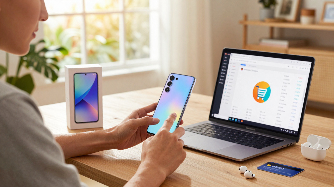 Pessoa a segurar um smartphone prateado holográfico à frente de computador portátil com gráfico de compras online.
