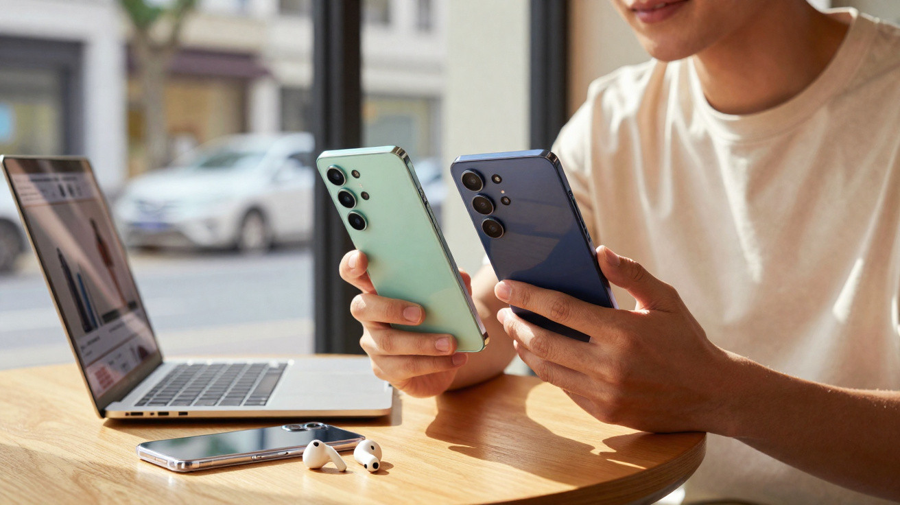 Pessoa sentada numa mesa segura dois telemóveis enquanto tem um portátil aberto e auscultadores AirPods à sua frente.