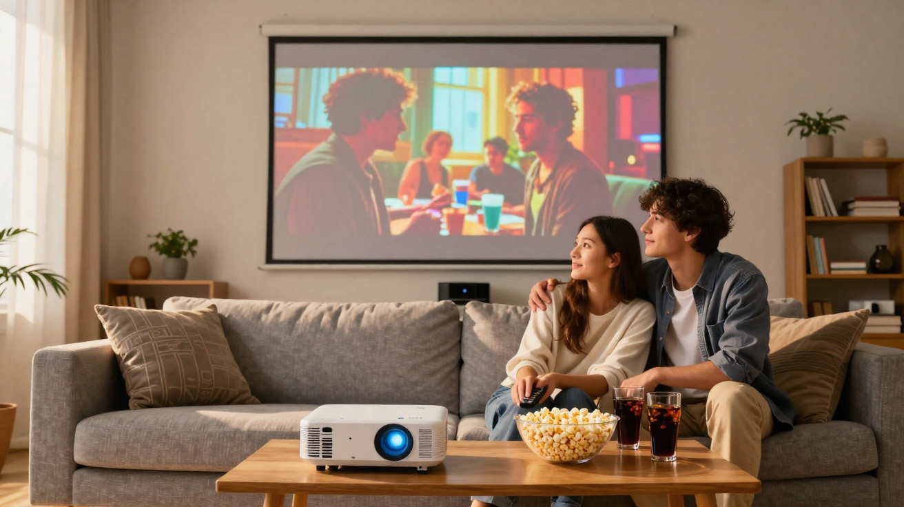 Casal jovem sentado no sofá a ver filme projetado na parede com pipocas e bebidas num ambiente acolhedor.