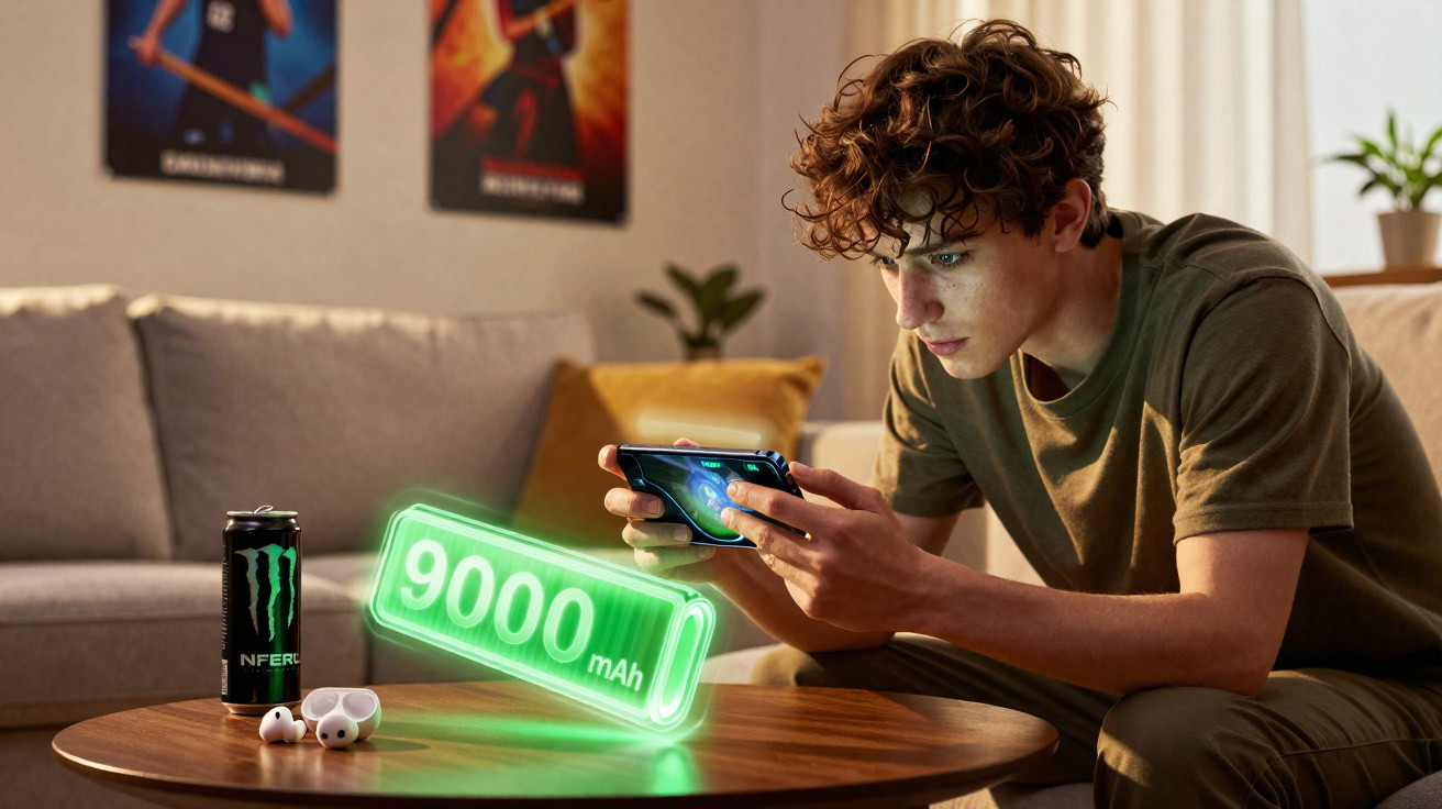 Jovem sentado no sofá a jogar no smartphone com lata de bebida, auriculares e ícone de bateria 9000 mAh na mesa.
