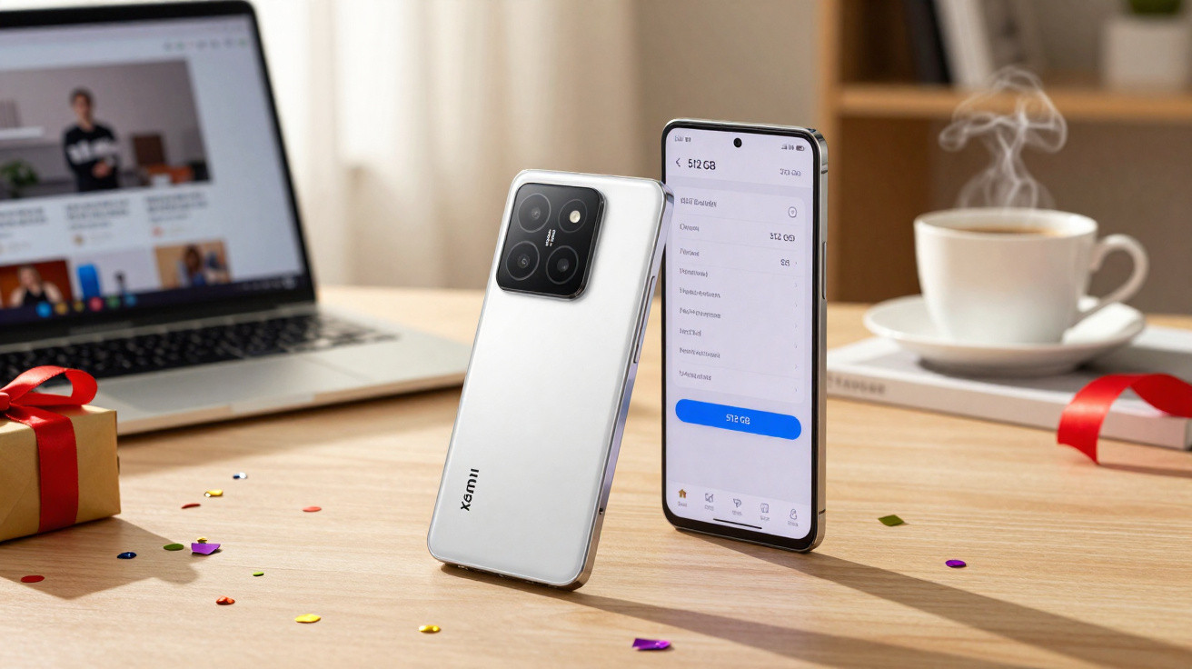 Smartphone Xiaomi branco em pé na secretária com tela ligada, ao lado de portátil, chá quente e caixa com fita vermelha.