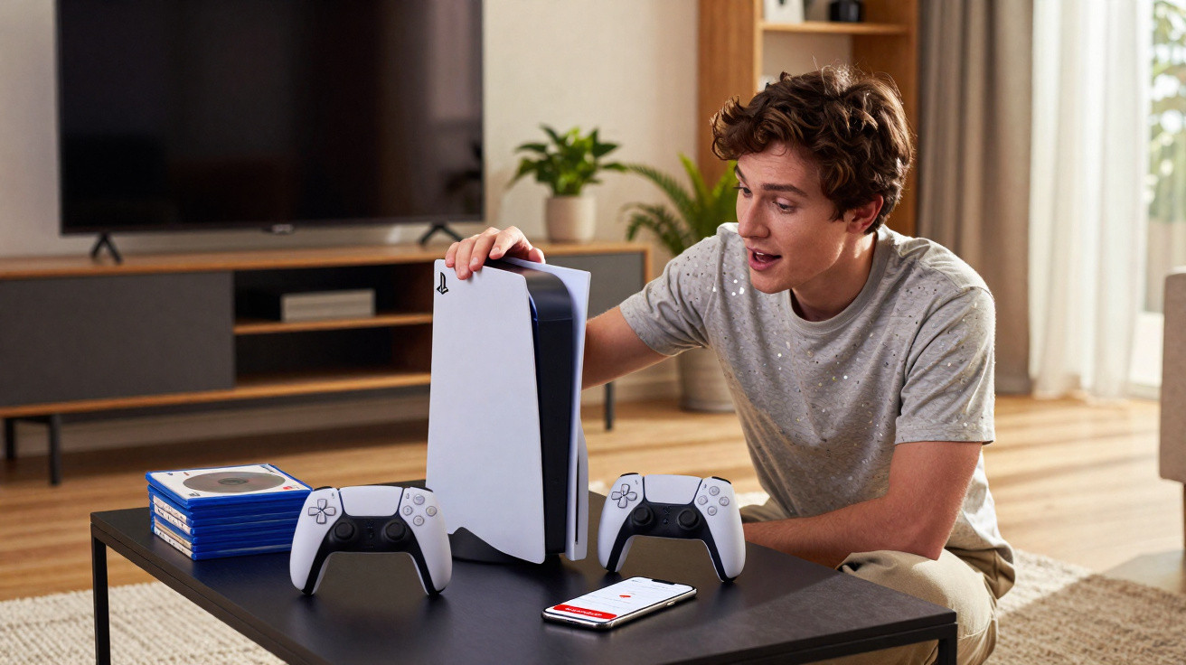 Jovem sentado no chão a interagir com uma consola PlayStation 5 sobre uma mesa preta com comandos e jogos.