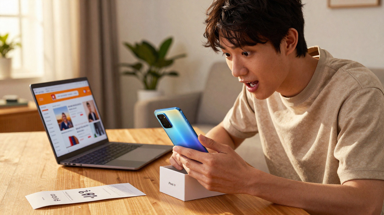 Jovem sentado à mesa a olhar entusiasmado para novo telemóvel azul, com portátil e documentos à sua frente.