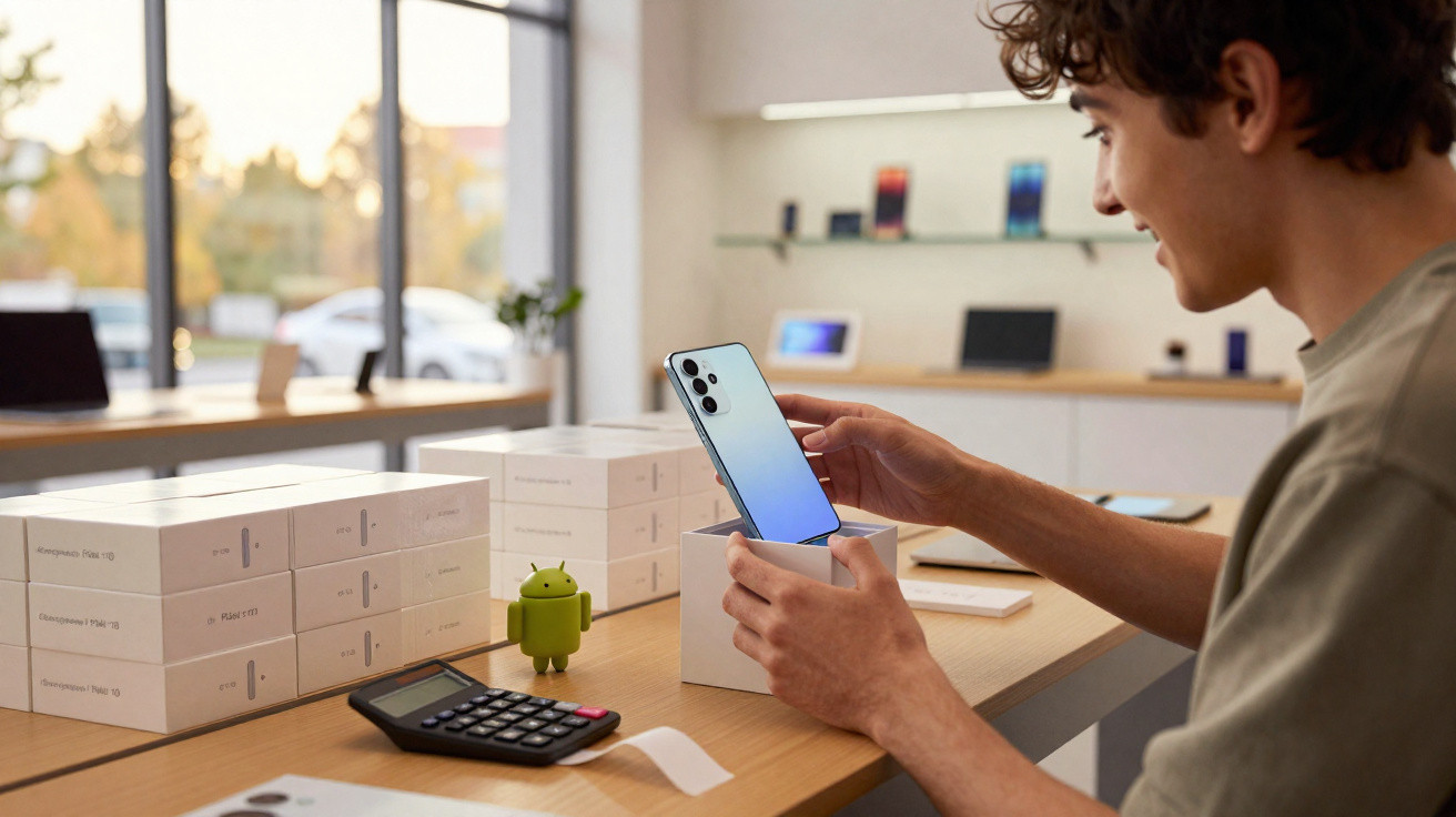 Pessoa desembrulha um smartphone azul numa loja de tecnologia com caixas e calculadora ao lado.