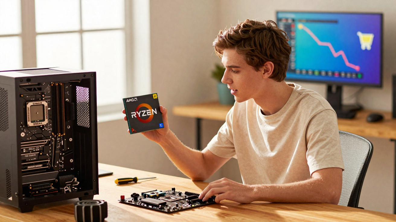 Jovem a montar computador, segurando um processador AMD Ryzen, com peças e monitor com gráfico negativo na mesa.